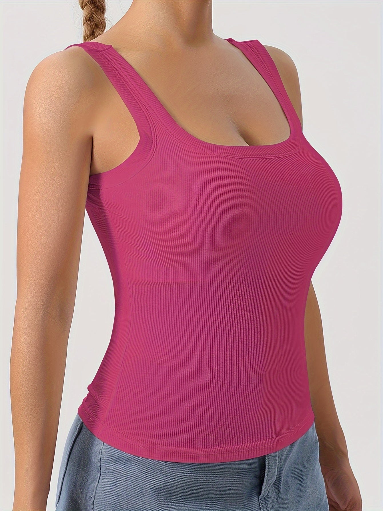 Women's Scoop Neck Tank Top Removable Chest Padding Slim Fit Casual Summer Sleeveless Top 8 Colors XS-XL
