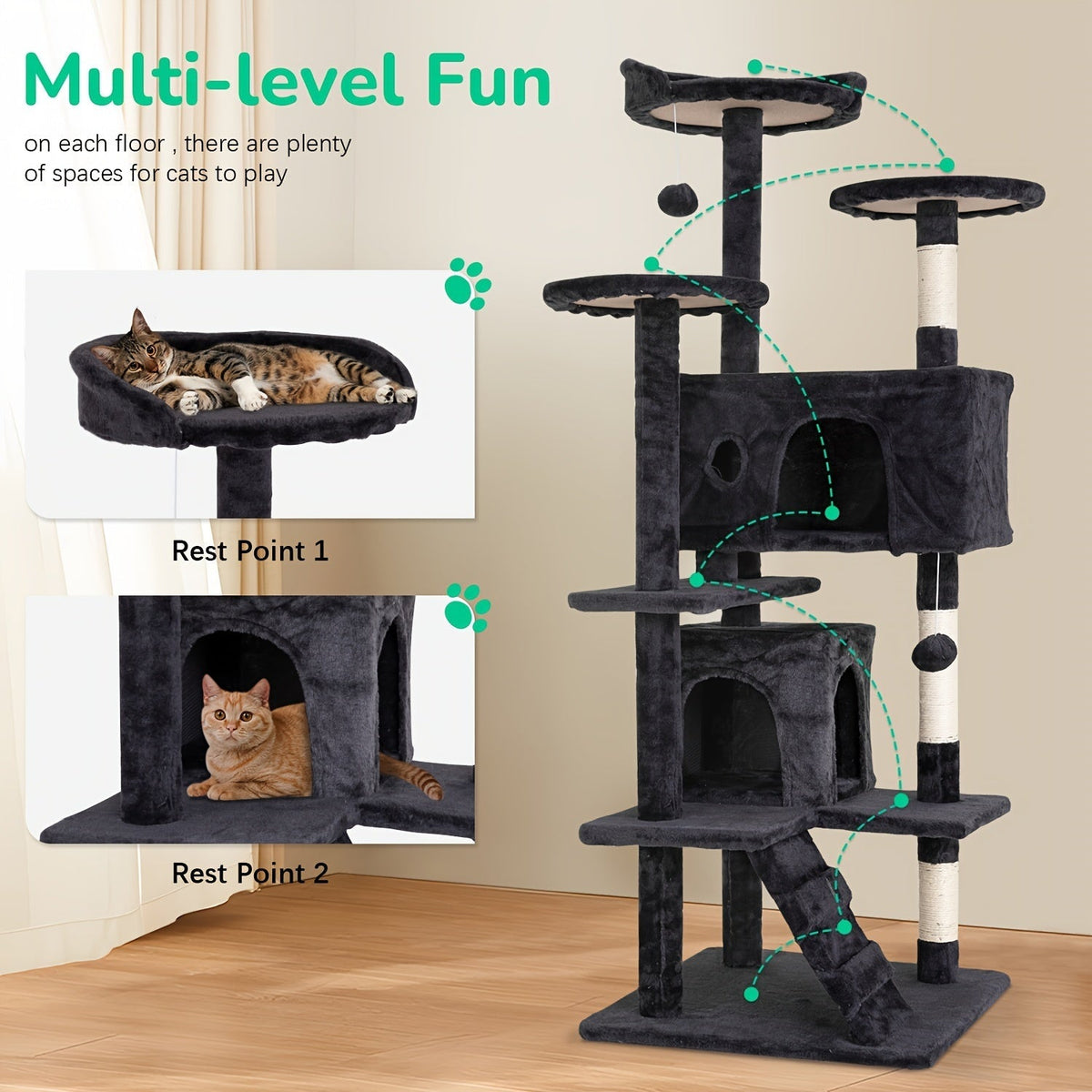 Arbre à chat de 137 cm pour chats d'intérieur – Centre d'activités à plusieurs niveaux avec poteaux à griffer, niche et jouets pour chatons et chats adultes, gris foncé