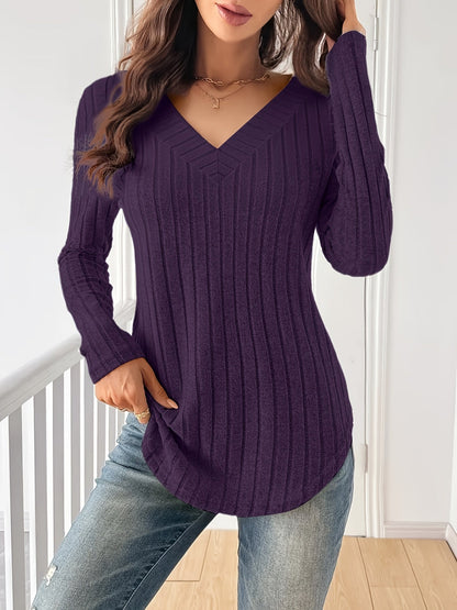 T-shirt à manches longues et col en V pour femme – Haut décontracté en maille côtelée extensible et douce pour le printemps, l'automne et l'hiver | Multicolore S-XXL
