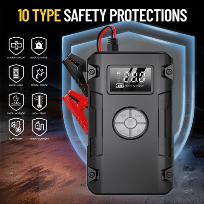 Démarreur de batterie 10000A 7-en-1 avec compresseur d'air 150PSI – Booster de batterie portable pour moteurs essence et diesel, pompe haute pression, kit d'urgence pour véhicule, batterie externe