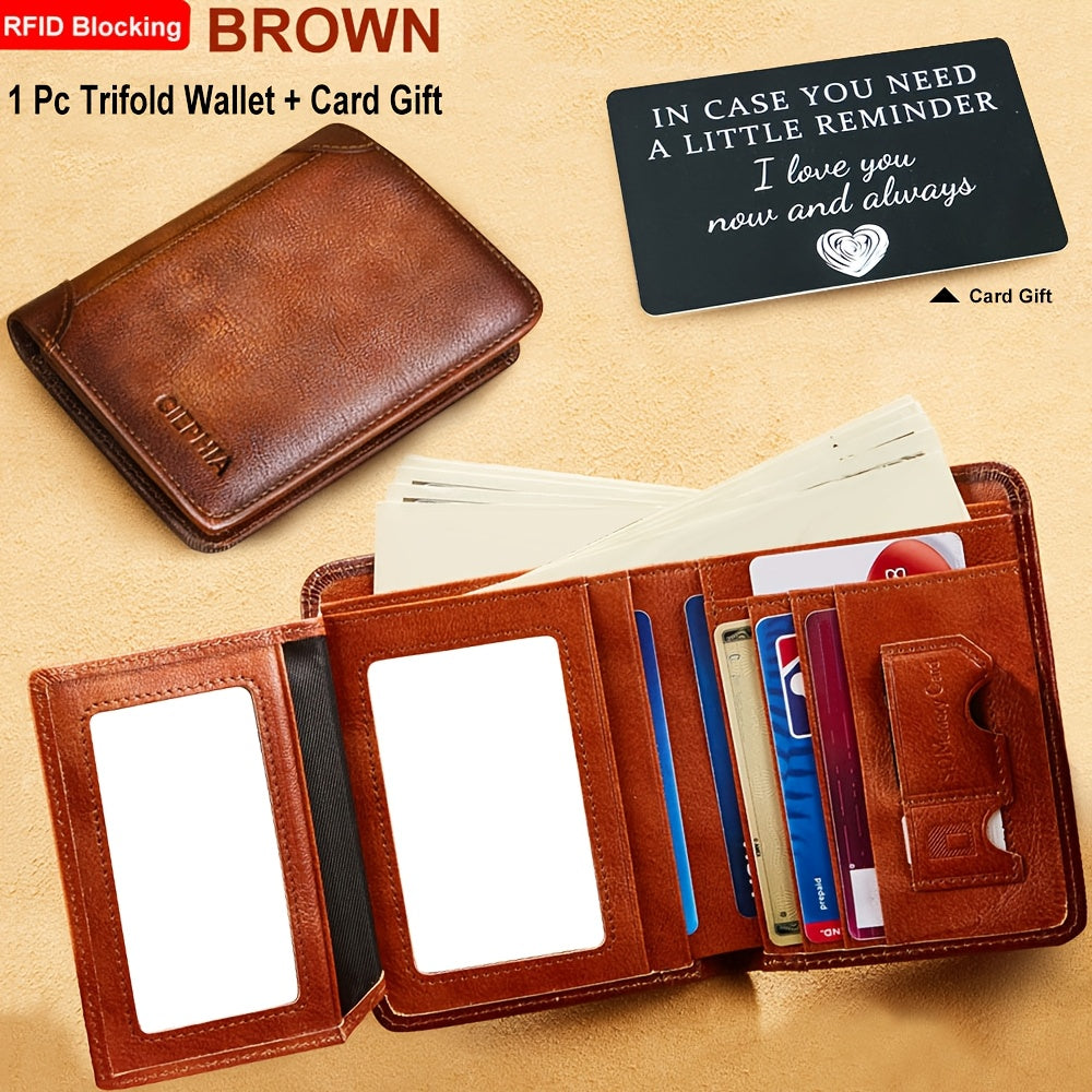 Portefeuille pour homme en cuir véritable avec protection RFID, trois volets, cuir de vachette vintage, porte-cartes de crédit, 2 fenêtres pour carte d'identité, pince à billets, emplacements pour espèces, cadeau de fête des pères pour papa ou mari