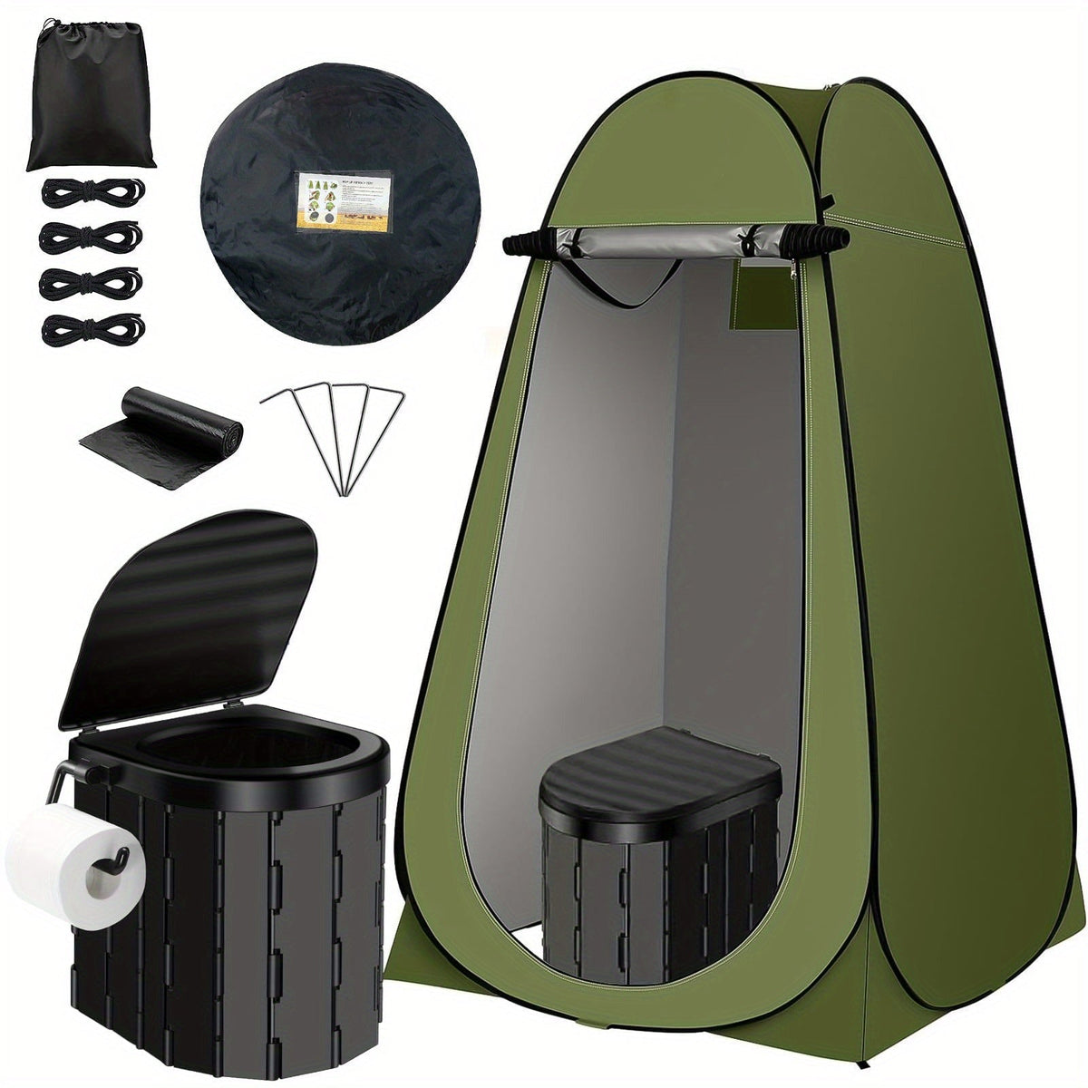 Toilettes de camping portables et tente d'intimité – Tente WC escamotable pour adultes avec 12 sacs, piquets de sol, cordes coupe-vent et tapis isolant, toilettes pliables pour le camping, les voyages et la randonnée