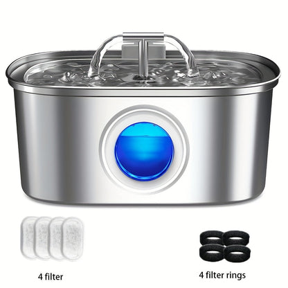 Pet Water Fountain 108oz Stainless Steel Smart Automatic - Silent Faucet Stream Dispenser with Transparent Window for Cats & Dogs, Optional Filters & Chip Sensor