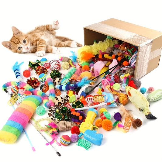Lot de 100 jouets variés pour chat - Assortiment aléatoire de jouets en plastique et en peluche avec plumes, kit de divertissement interactif pour foyers multi-chats, ensemble de jeu pour chaton