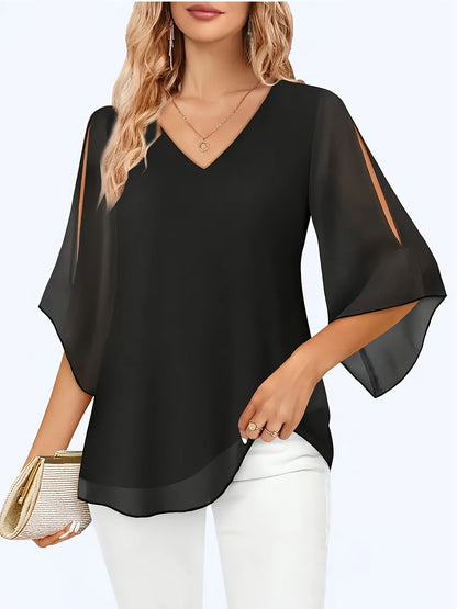 Chemisier léger en mousseline pour femme, chemise décontractée à manches longues boutonnée | Haut ample pour le bureau, marine, kaki, noir, S-XXL