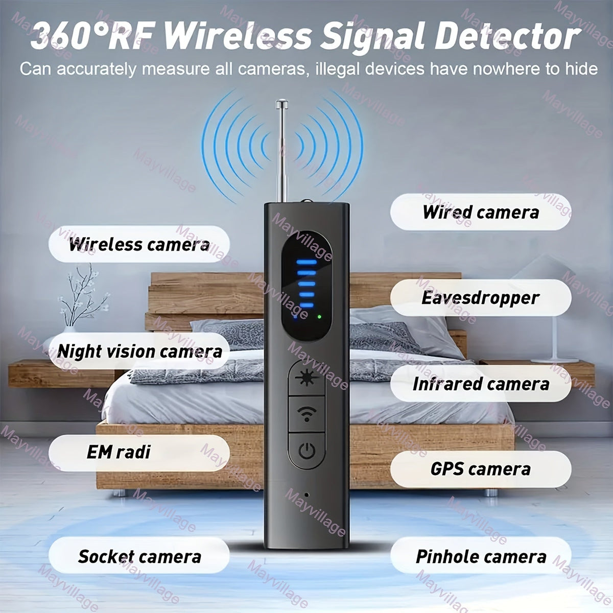 Détecteur de caméra cachée et scanner de signal RF anti-espion – Détecteur de mouchards, traceurs GPS et dispositifs d'écoute, balayeur de sécurité multifonction portable et rechargeable pour les voyages, l'hôtel, la maison, le bureau, la voiture