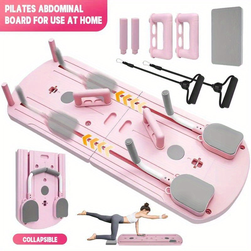 Planche de Pilates pliable 8-en-1 avec bandes de résistance – Appareil d'entraînement abdominal multifonction, matériau PP anti-déformation, design plat stable, rangement compact, équipement de gym à domicile pour hommes et femmes