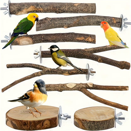 Ensemble de 8 perchoirs en bois naturel pour oiseaux, branche de pommier, support à fourches multi-branches, plateforme suspendue, hamac, balançoire pour aras, conures, perruches, ondulées et pinsons