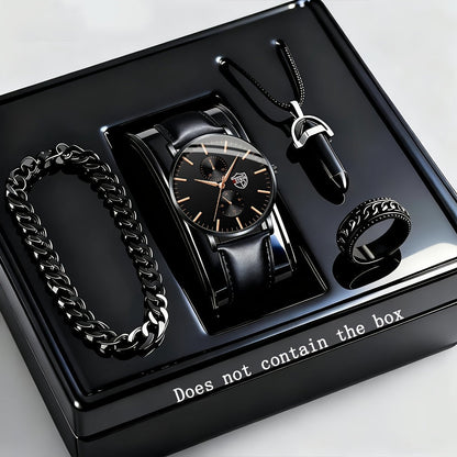 Coffret cadeau montre à quartz et bracelet pour homme, 4 pièces - Montre élégante à boîtier en alliage et cadran rond, style sport, décontracté et professionnel, avec bracelet assorti pour le quotidien, les anniversaires et les fêtes.