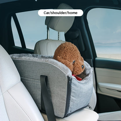 Lit pour console centrale de voiture pour animaux de compagnie - Panier pour chien et chat amovible avec sac à main détachable, transporteur toutes saisons pour console de voiture, gris et noir, compagnon de voyage confortable