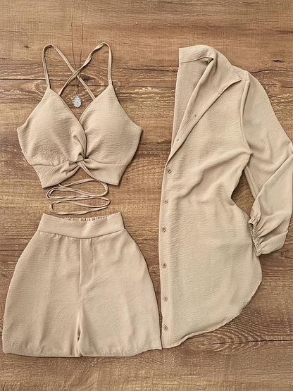 Ensemble 3 pièces pour femme : caraco + short + chemisier cardigan | Tenue assortie couleur unie pour les vacances d'été, le quotidien ou le travail