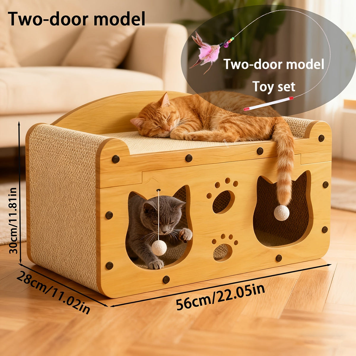 Maison à griffer en carton pour chat – Abri et couchage durables avec jouet plumeau, griffoir d'intérieur ventilé, disponible en tailles 17,7" et 22"
