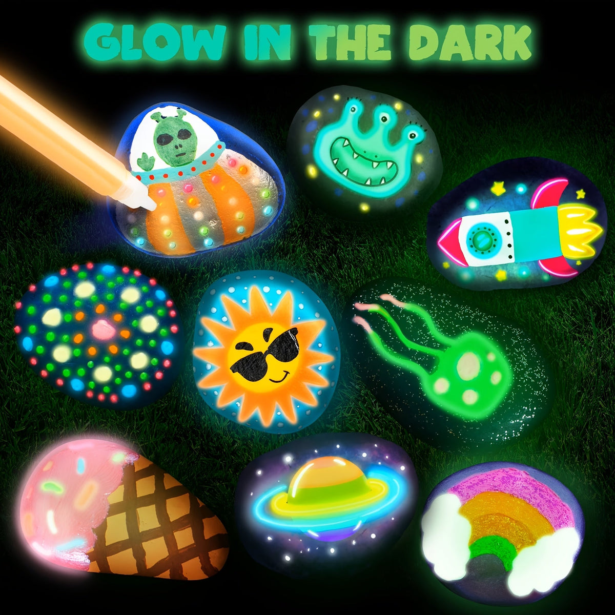 Kit de peinture sur galets phosphorescents pour enfants dès 6 ans – Ensemble complet d'arts créatifs avec 10 galets, 17 peintures, pierres précieuses, pinceaux et autocollants | Jouet créatif STEM pour garçons et filles, cadeau d'anniversaire et de Pâques