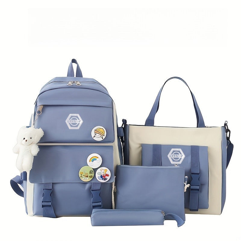 Ensemble de sac à dos scolaire pour fille 5 pièces, sac léger et mignon avec fourre-tout, trousse et porte-monnaie - Sac à dos étudiant durable pour l'école, la randonnée et un usage quotidien