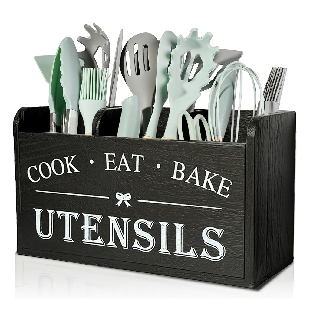 Organisateur d'ustensiles de cuisine rustique en bois avec poignée et 3 compartiments – Rangement pour comptoir ou mural pour outils de cuisine, de pâtisserie et de salle à manger – Rangement de cuisine style ferme en blanc et noir