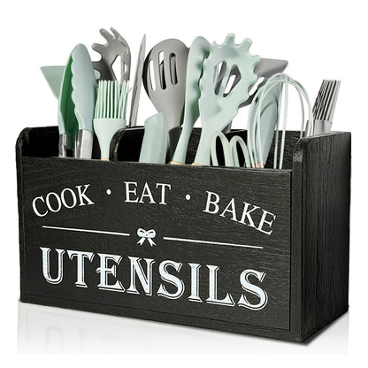 Organisateur d'ustensiles de cuisine rustique en bois avec poignée et 3 compartiments – Rangement pour comptoir ou mural pour outils de cuisine, de pâtisserie et de salle à manger – Rangement de cuisine style ferme en blanc et noir