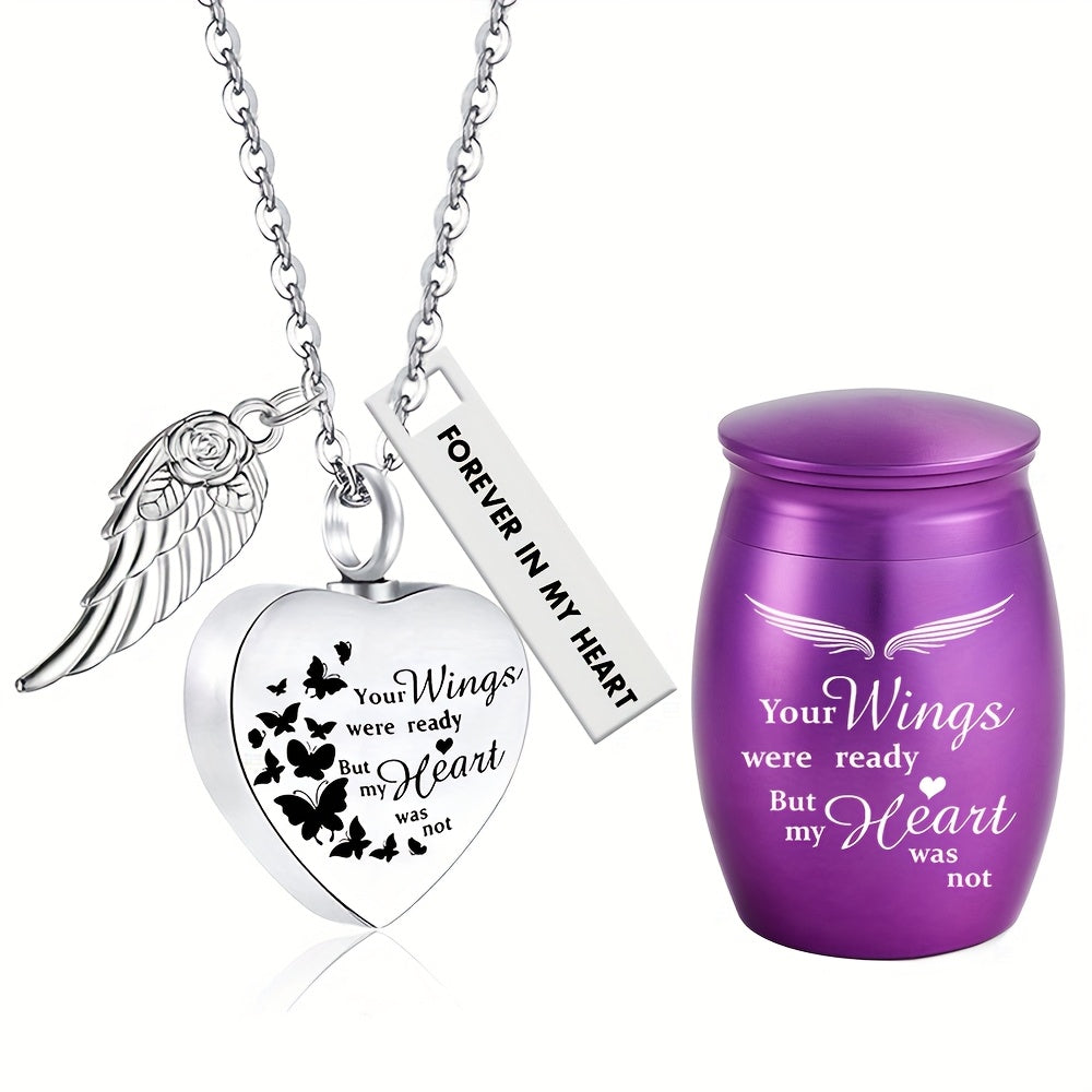 Lot de 2 colliers urnes funéraires en forme de cœur – Bijoux souvenir pour cendres humaines et d'animaux, pendentif porte-cendres commémoratif, « Tes ailes étaient prêtes, mais mon cœur ne l’était pas »