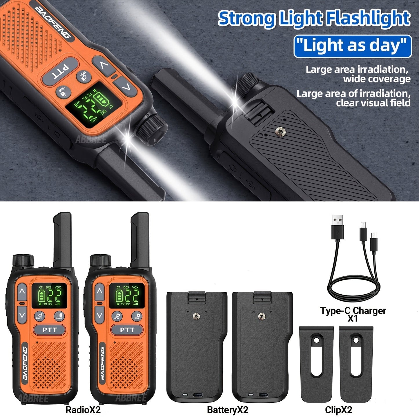 BAOFENG Walkie Talkies for Adults Long Range – 22 FRS Channels, VOX Hands-Free, USB-C Rechargeable Li-ion Battery, LCD Display, Built-in Flashlight, 2-3 Mile Range for Hiking, Camping & Family Outdoor Use