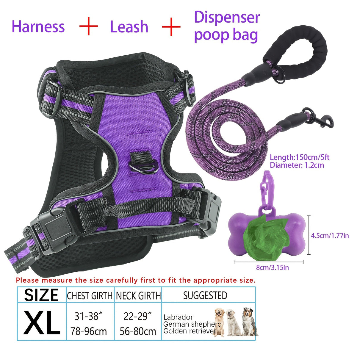 Ensemble harnais et laisse pour chien 4 pièces, gilet réfléchissant en Oxford anti-traction et anti-étranglement avec laisse, distributeur de sacs à déjections et poignée de contrôle facile, pour chiens moyens et grands, dressage et promenade en extérieur