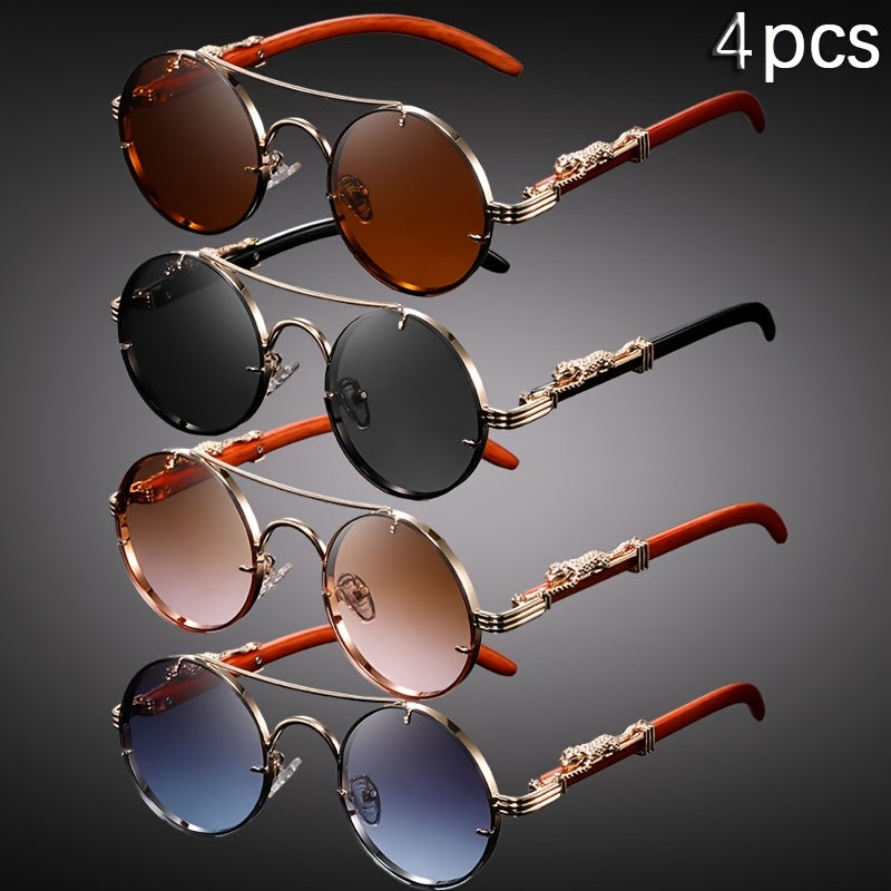 Lot de 4 paires de lunettes rondes punk rock avec charnières léopard et détails écailles de tortue – Monture en métal rétro avec verres en polycarbonate, lunettes tendance unisexe pour soirées, photos et usage quotidien