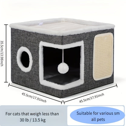 Maison à étages pour chat avec lit à 2 niveaux, tunnel de jeu, griffoir pliable et tapis douillet – Condo d'intérieur pour chat toutes saisons avec balle suspendue en peluche, cadre en nylon et toile, design pliable