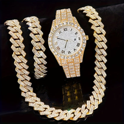 Ensemble de montre Hip Hop pour homme avec strass, chaîne cascade et collier – Parure de bijoux avec montre à quartz étincelante pour homme, 3 et 5 pièces, cadeau idéal pour les fêtes
