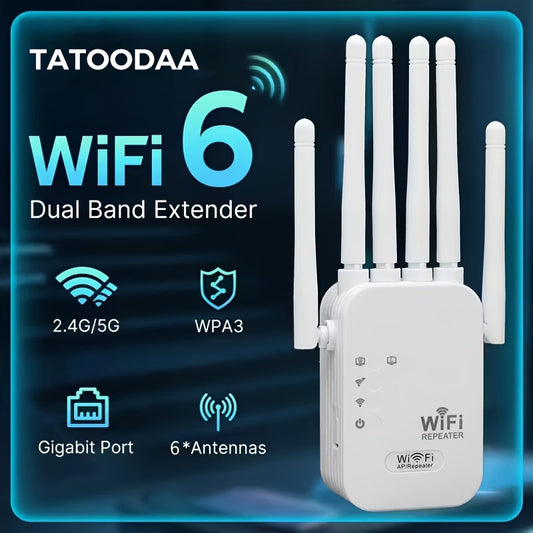 Répéteur WiFi 6 1200 Mbps bi-bande 2,4 GHz 5 GHz, amplificateur de réseau Mesh, 6 antennes, amplificateur de signal haute vitesse, configuration en un clic, couverture complète pour Smart TV, console de jeu, smartphone, tablette