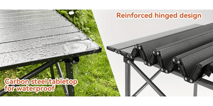 Table de camping pliante portable, table d'extérieur légère et rétractable avec sac de transport, pieds robustes, grande surface plane pour pique-nique, barbecue, plage, randonnée, hayon, design compact et durable, tailles L et XL