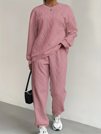 Ensemble survêtement 2 pièces pour femme – Haut à manches longues et col rond en jacquard texturé et pantalon de jogging, tenue de détente décontractée et respirante pour le printemps et l'été S-XXL