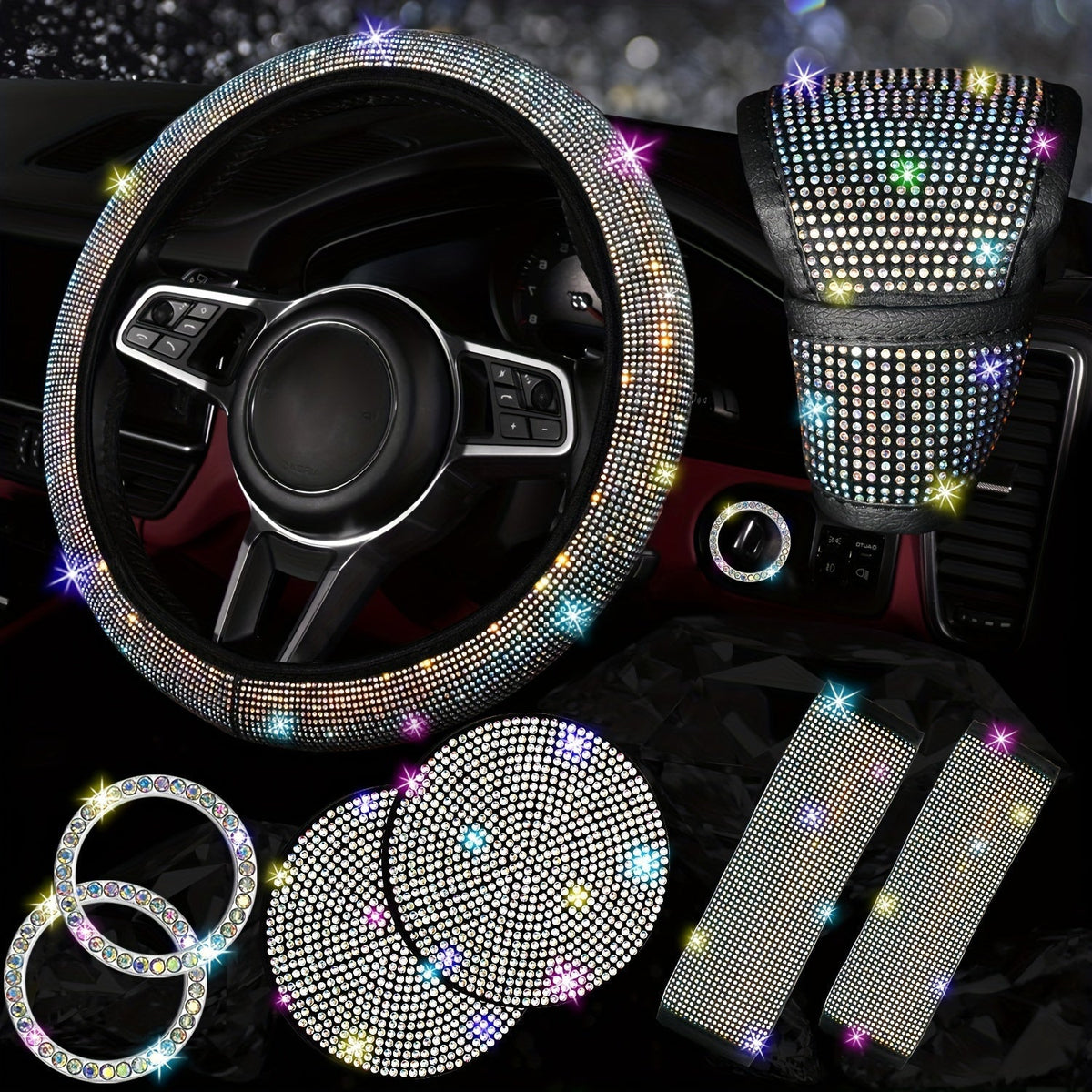 Ensemble d'accessoires de voiture 8 pièces en strass pour femme – Housse de volant, sous-verres, coussinets de ceinture de sécurité, anneaux de démarrage et housse de pommeau de levier de vitesse, 7 couleurs, kit intérieur à paillettes scintillantes