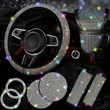 Ensemble d'accessoires de voiture 8 pièces en strass pour femme – Housse de volant, sous-verres, coussinets de ceinture de sécurité, anneaux de démarrage et housse de pommeau de levier de vitesse, 7 couleurs, kit intérieur à paillettes scintillantes