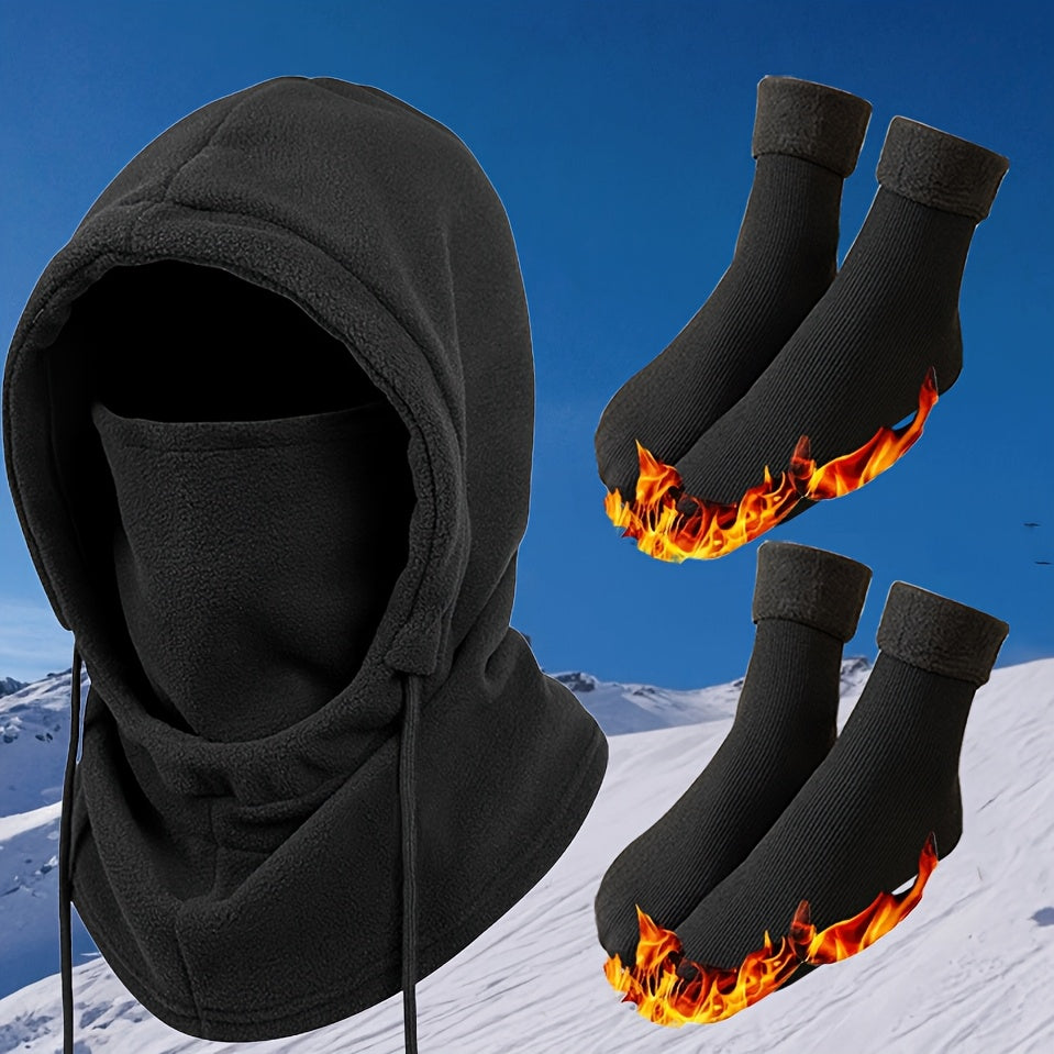 Ensemble thermique d'hiver 3/4 pièces, masque coupe-vent, gants tactiles, chaussettes en polaire épaisse, équipement grand froid pour snowboard, ski, randonnée, pêche sur glace – Lot d'accessoires d'extérieur chauds et légers