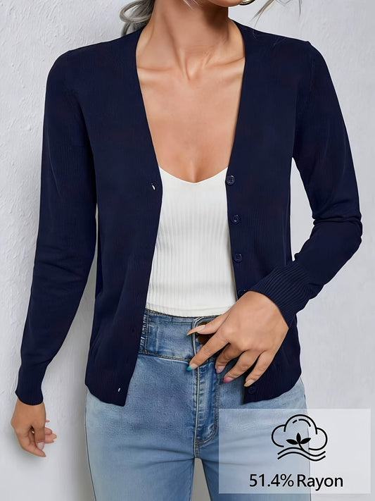 Gilet en maille élégant à col en V et boutons pour femme – Pull en jersey haut de gamme de couleur unie, moyennement extensible, idéal comme haut décontracté pour le bureau ou pièce à superposer en automne et en hiver