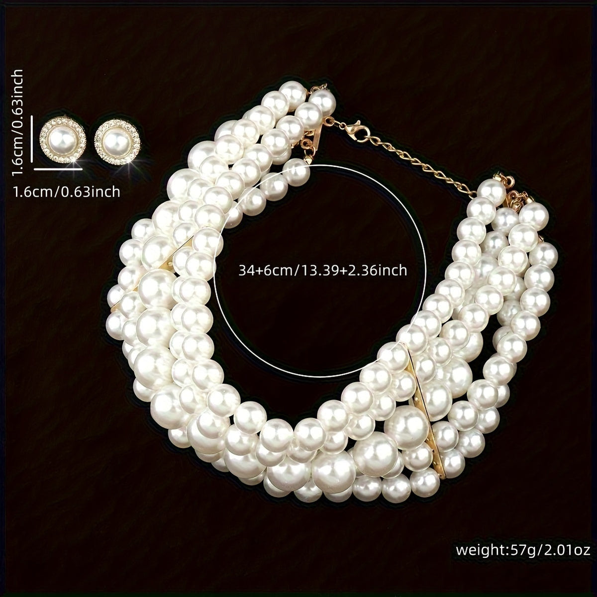 Parure de bijoux pour femme style français comprenant un collier multi-rangs à perles et des boucles d'oreilles géométriques rondes, ton doré, élégant pour banquet ou mariage