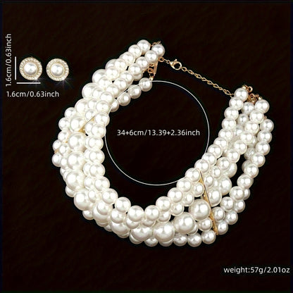 Parure de bijoux pour femme style français comprenant un collier multi-rangs à perles et des boucles d'oreilles géométriques rondes, ton doré, élégant pour banquet ou mariage