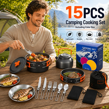 Kit de cuisine de camping 8/9/14/15 pièces, ensemble de cuisson portable antiadhésif en alliage d'aluminium avec bouilloire, casserole, poêle, assiettes et ustensiles, équipement de cuisine léger pour randonnée et voyage