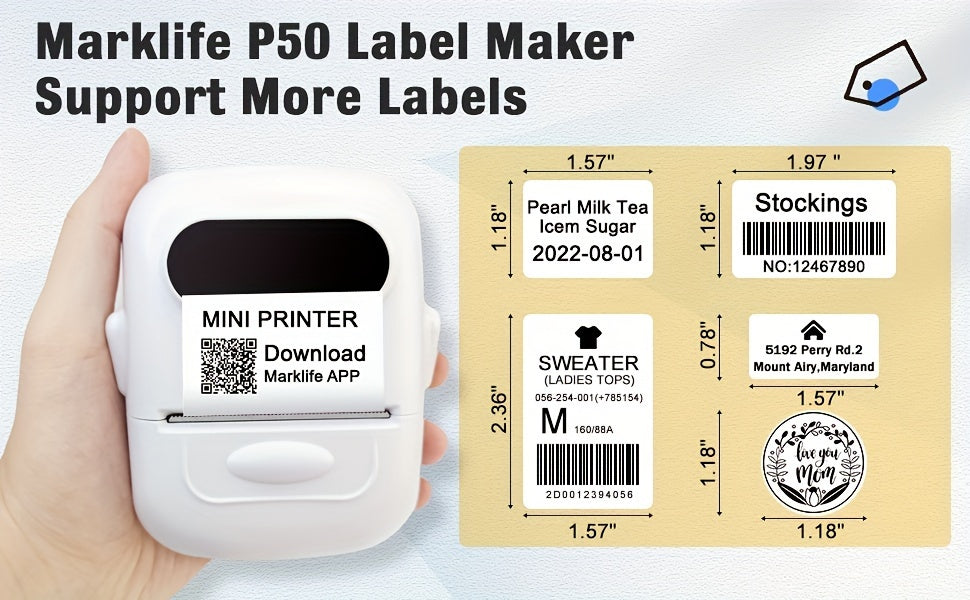 Imprimante d'étiquettes thermique portable Bluetooth P50 – Mini étiqueteuse sans fil pour la maison, le bureau, le commerce, les vêtements, les bijoux et l'alimentation, compatible Android et iOS, inclut un rouleau d'étiquettes blanches de 40x30 mm