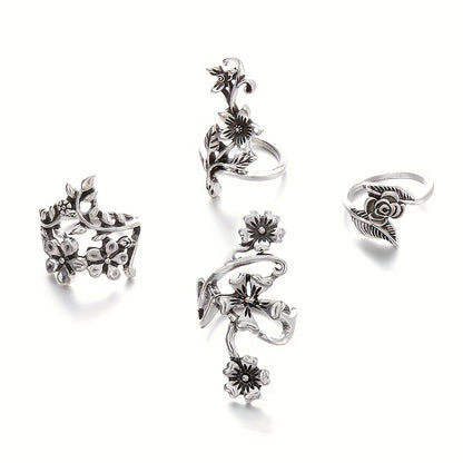 Ensemble de bagues empilables vintage à motif floral pour femme en argent sterling 925 – Lot de 4 bagues bohèmes, bijoux minimalistes élégants, cadeau idéal pour un anniversaire ou Noël
