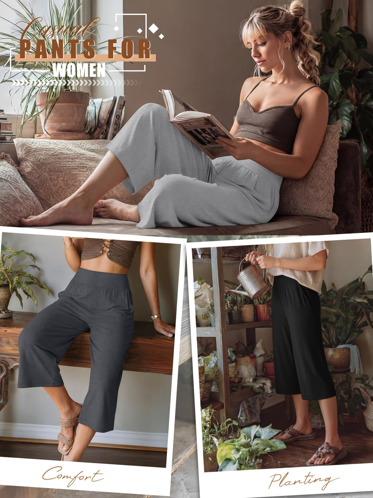 Lot de 3 pantalons Capri pour femme – Pantalons de jogging amples style détente, coupés avec poches et taille élastique, pantalon Capri de yoga pour le printemps, l'été, l'automne et les tenues décontractées du week-end