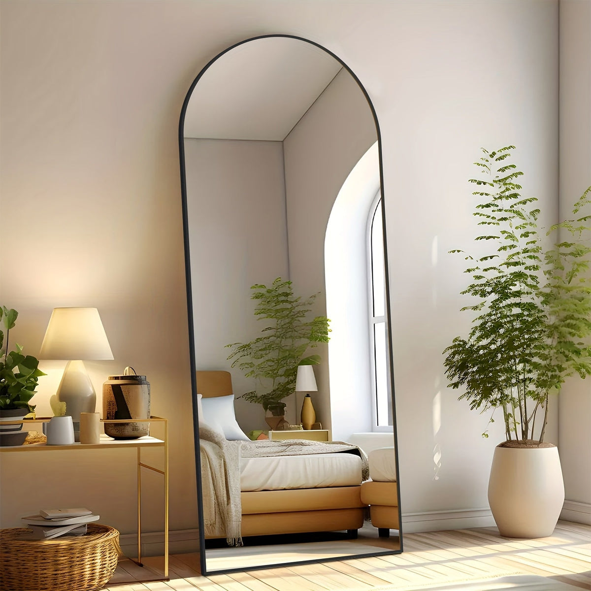 Miroir sur pied pleine longueur avec lumières LED - Sommet arqué et rectangulaire, cadre en aluminium, miroir habillage sur pied de 180 cm pour chambre et salon, noir or blanc, verre trempé de 5 mm