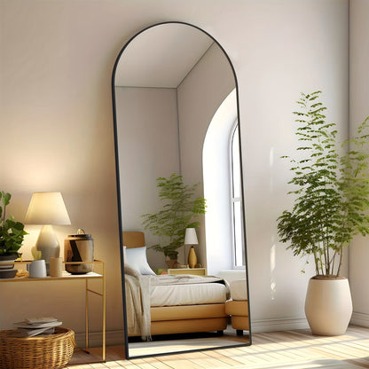 Miroir sur pied pleine longueur avec lumières LED - Sommet arqué et rectangulaire, cadre en aluminium, miroir habillage sur pied de 180 cm pour chambre et salon, noir or blanc, verre trempé de 5 mm