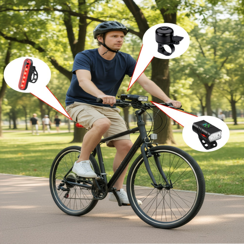Ensemble d'éclairage de vélo rechargeable par USB ultra-lumineux – Phare avant LED 1200 mAh et feu arrière 330 mAh, 6+4 modes, faisceau large 180°, sonnette de sécurité incluse, pour vélo de route, VTT et cyclisme de nuit