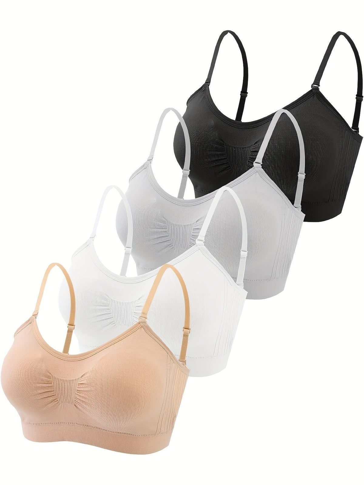Lot de 4 brassières débardeurs à col en V avec coussinets – Soutien-gorge de sport sans armatures avec bretelles réglables pour femme, ensemble de brassières douces avec coussinets pour le quotidien, tailles S-XL, couleurs rouille, beige, vert, bleu