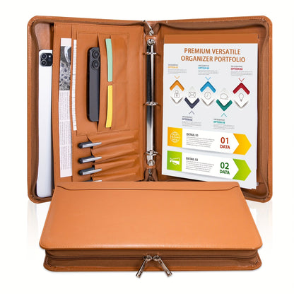 Classeur à anneaux avec fermeture éclair en cuir vegan, format A4, avec pochette pour ordinateur portable, organisateur de travail pour femmes et hommes