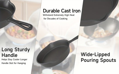 Ensemble de 3 poêles en fonte avec bec verseur – Batterie de cuisine robuste antiadhésive pré-culottée pour les repas de fêtes, le camping en VR, les repas au feu de camp, compatible four et plaque de cuisson, cadeau de cuisine