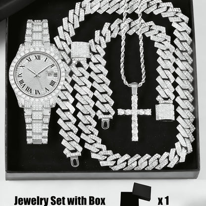 Parure de bijoux 4 pièces avec montre strass et pendentif croix, montre-bracelet analogique à quartz, collier, bracelet et boucles d'oreilles, cadeau unisexe pour lui ou elle, mariage