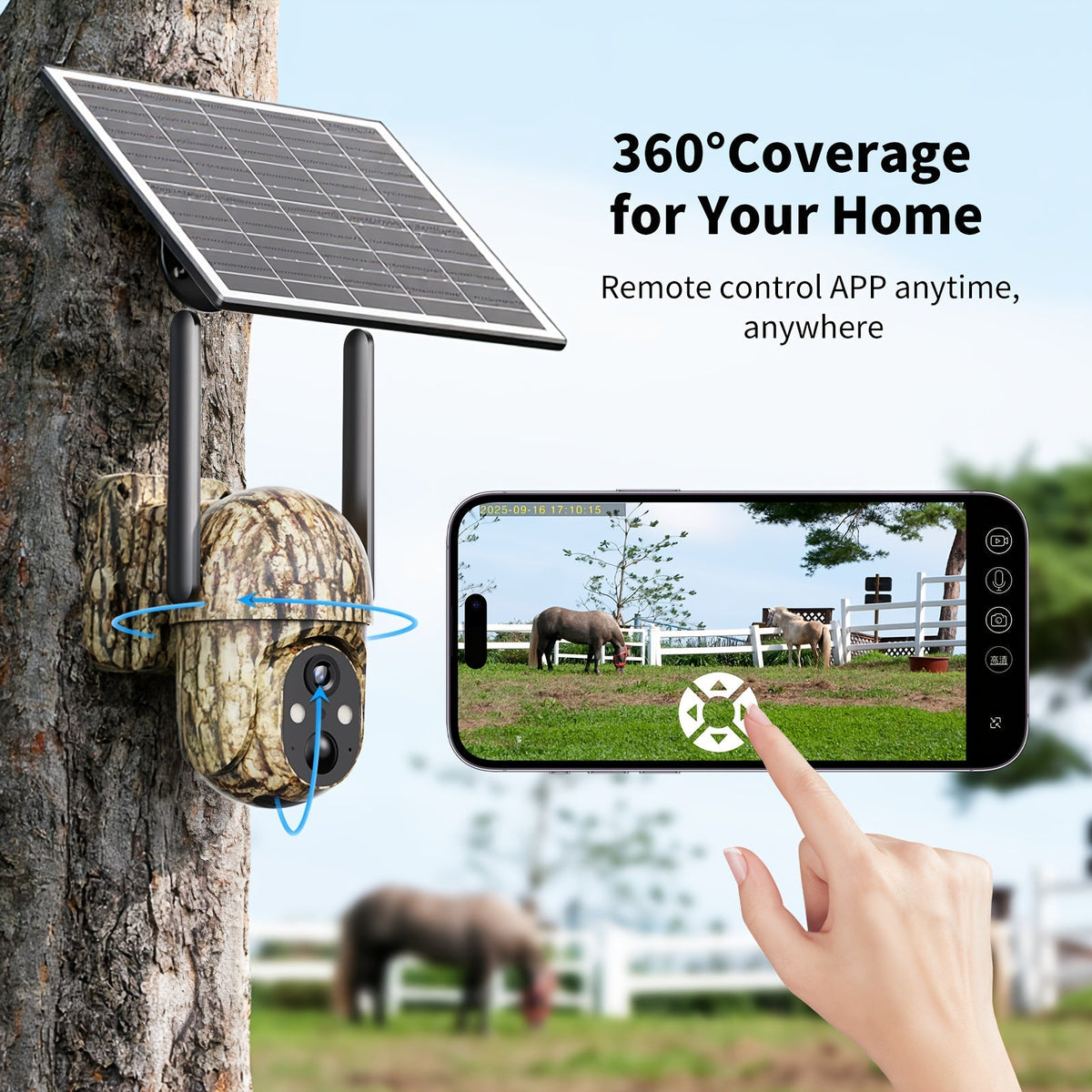 Caméra de surveillance solaire 4G LTE sans fil pour extérieur – Aucune connexion WiFi requise, vision nocturne 4K, vue en direct à 360°, audio bidirectionnel, caméra de chasse étanche pour la surveillance des fermes, ranchs et de la faune