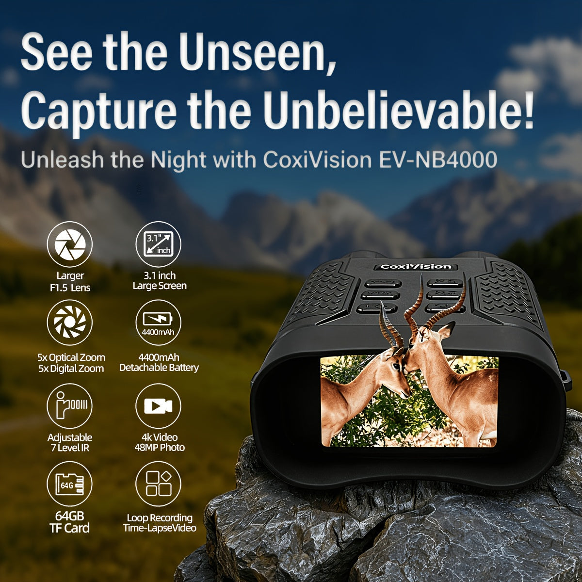 Jumelles de vision nocturne 4K pour adultes, appareil photo 48 MP, écran 3,1 pouces, batterie rechargeable 4400 mAh, réglage IR à 7 niveaux, vision dans l'obscurité totale, vidéo 4K, carte 64 Go pour la chasse, la sécurité et le camping, 25 mm 50 mm