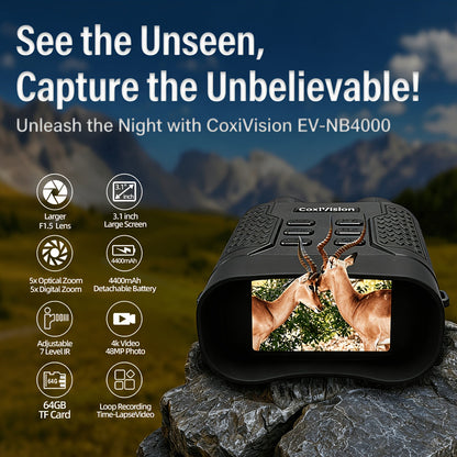 Jumelles de vision nocturne 4K pour adultes, appareil photo 48 MP, écran 3,1 pouces, batterie rechargeable 4400 mAh, réglage IR à 7 niveaux, vision dans l'obscurité totale, vidéo 4K, carte 64 Go pour la chasse, la sécurité et le camping, 25 mm 50 mm
