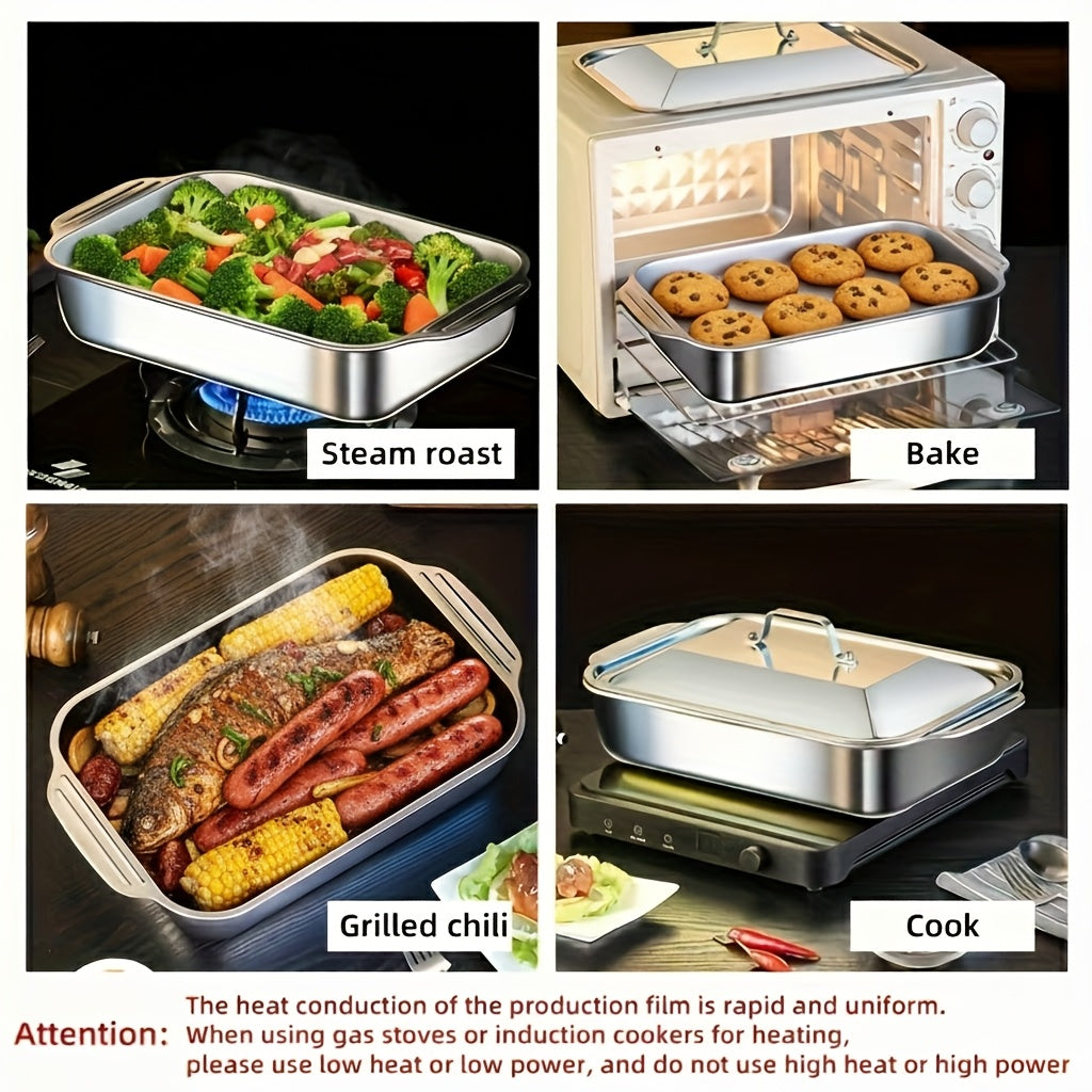 Ensemble de 4 plats de cuisson en acier inoxydable – 2 plats à rôtir profonds et 2 plats avec couvercle et poignées, plat rectangulaire de 6 litres et 41 cm pour dinde, lasagnes, poisson et poulet, compatible lave-vaisselle